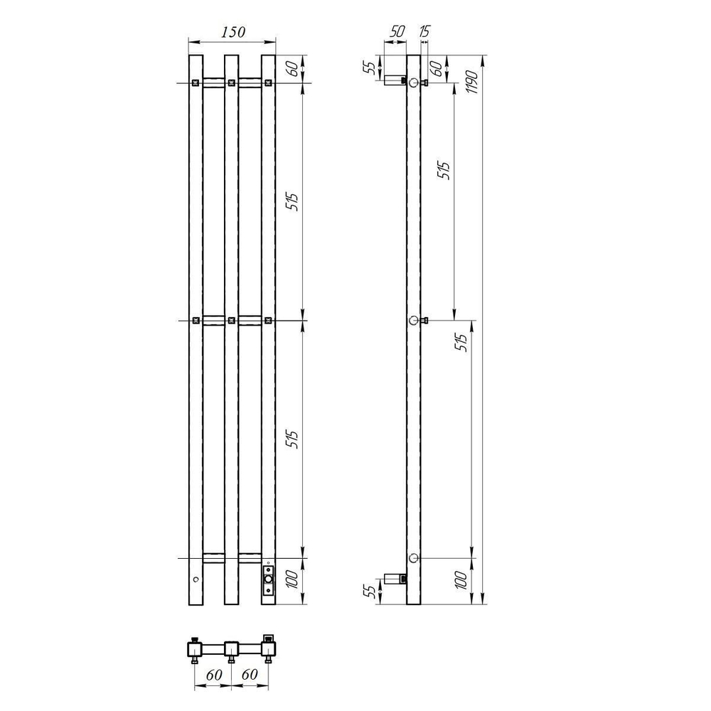 Полотенцесушитель электрический Point Гермес PN13822 П3 120x1200 диммер справа, хром схема