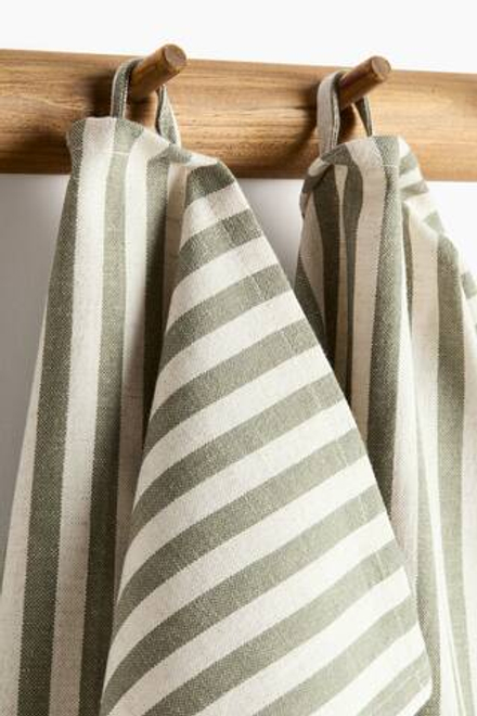 H&M HOME НАБОР КУХОННЫХ ПОЛОТЕНЕЦ В ПОЛОСКУ ( 2 ШТ.), ОЛИВКОВО-ЗЕЛЕНЫЙ