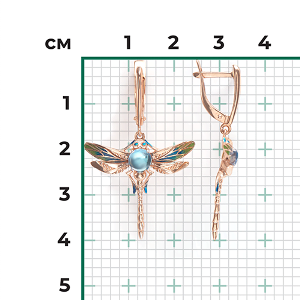 Серьги «Стрекозы» с английским замком из красного золота с топазом и эмалью