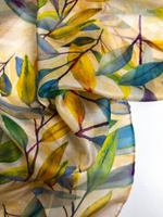 Шифон принт, silk, листья бирюза/желтый на бежевом RH D8C1
