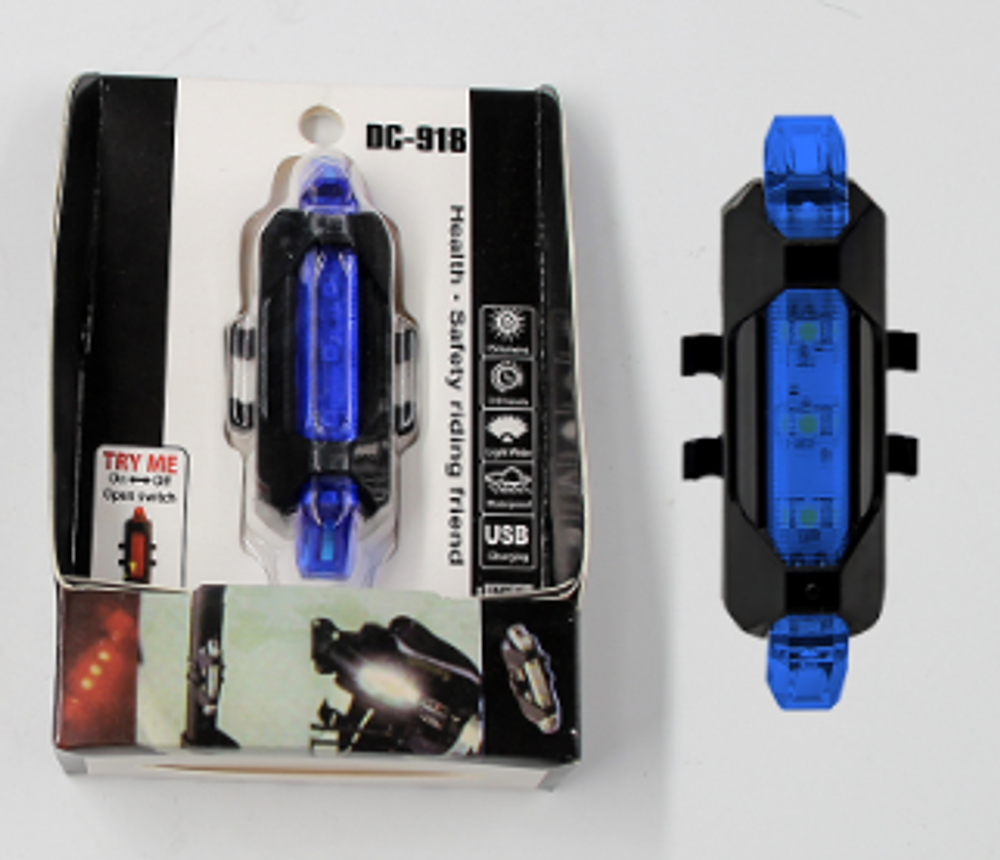 Фонарь задний DC-918, 20 гр. 4 режима 3 диода, USB зарядка, синий