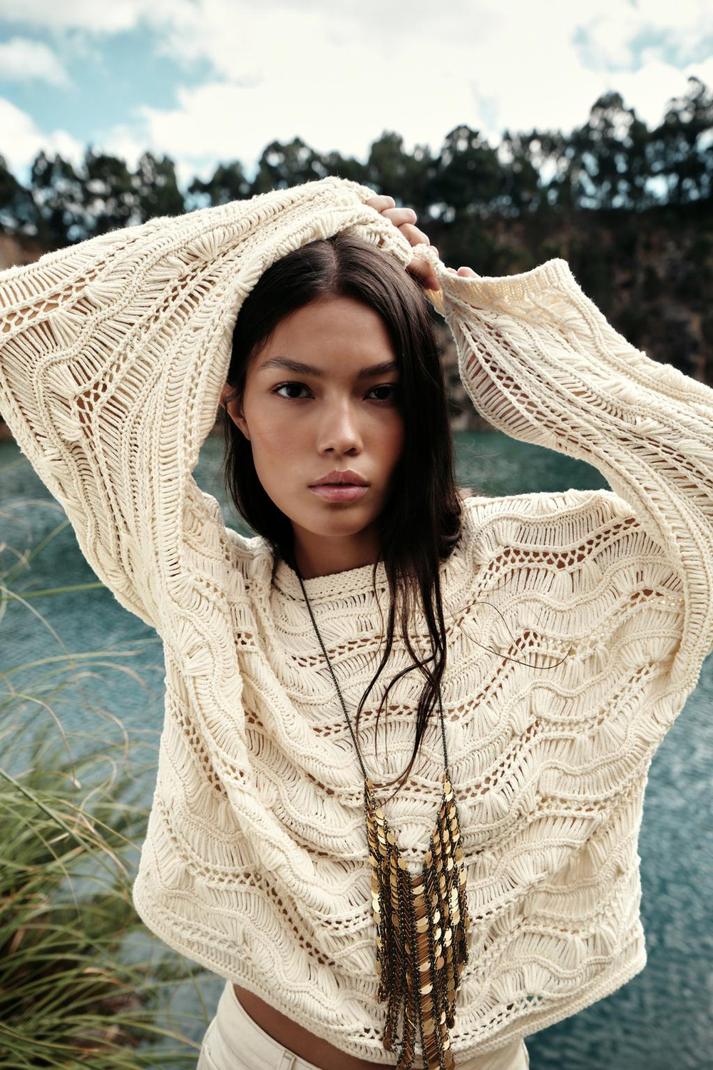 ZARA ДЖЕМПЕР АЖУРНОЙ ВЯЗКИ, ЭКРЮ