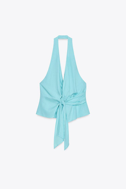 ZARA ТОП-ХАЛТЕР С УЗЛОМ ИЗ ЛЬНЯНОЙ ТКАНИ, БИРЮЗОВЫЙ