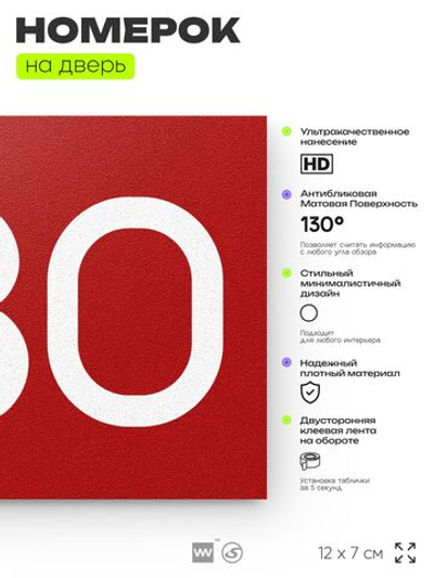 Номер на дверь 830, табличка на дверь для офиса, квартиры, кабинета, аудитории, склада, красная 120х70 мм, Айдентика Технолоджи