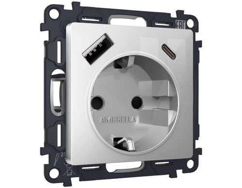 MA410010 Комплект механизма электрической розетки ALFA Серебро глянец 2USB A+C 20W (быстрая зарядка) с/з QUANT (AP4100, VM160)