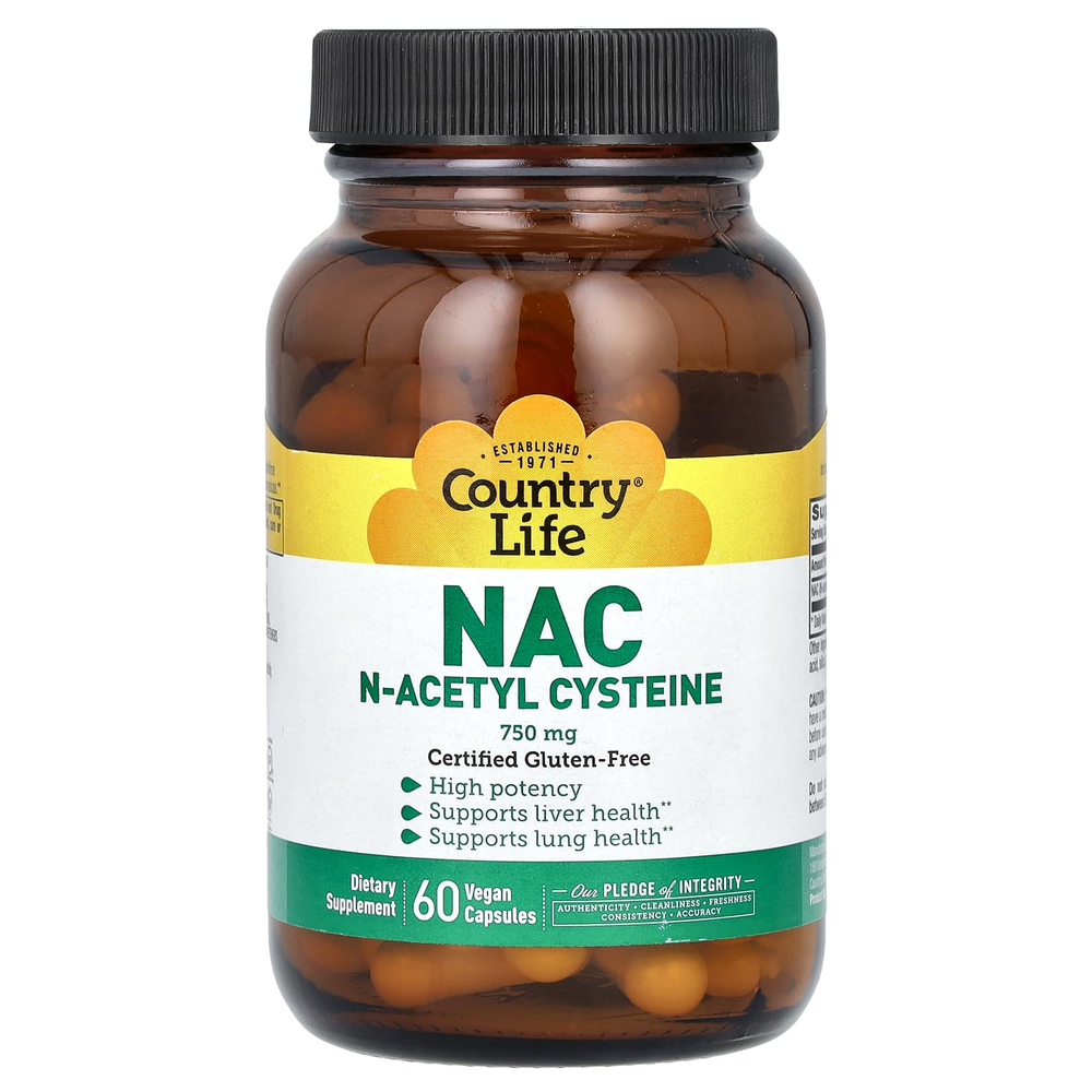 Country Life, NAC, N-ацетилцистеин, 750 мг, 60 веганских капсул