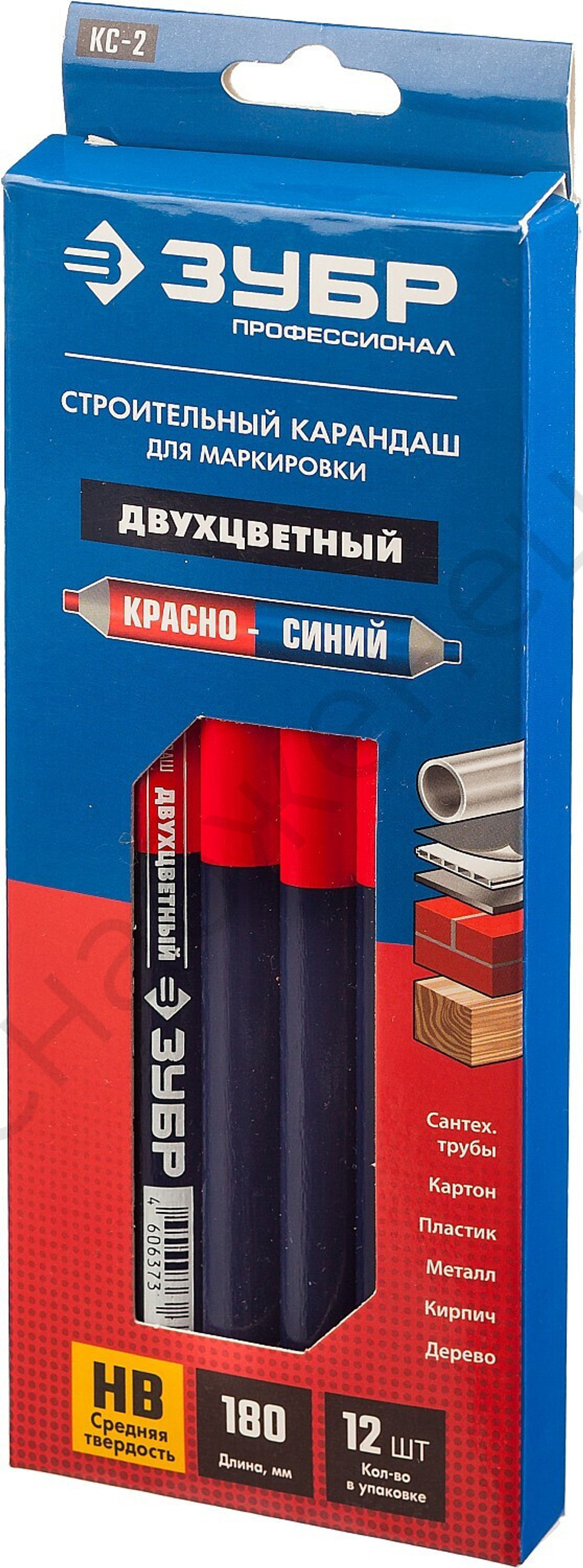 ЗУБР КС-2 HB, 180 мм, Двухцветный строительный карандаш, ПРОФЕССИОНАЛ (06310)