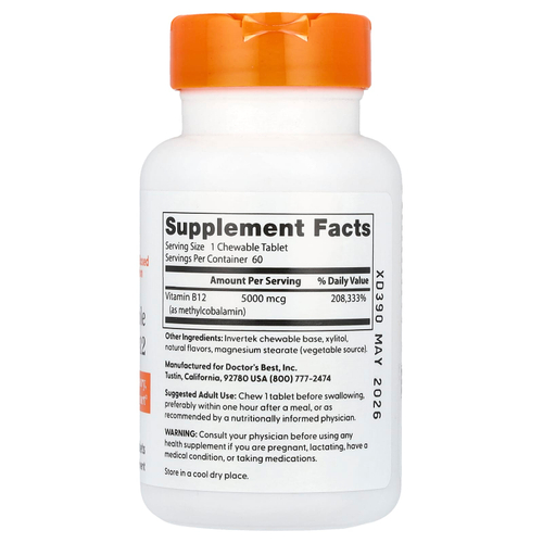 Doctor's Best, Жевательные полностью активные витамины B12, ягодное ассорти, 5000 мкг, 60 таблеток