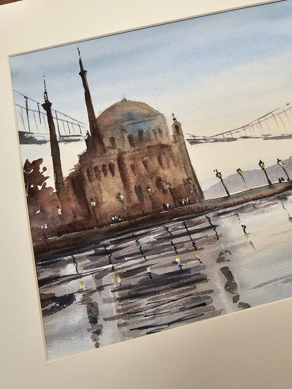 Картина авторская акварельная в паспарту 30х40 см на стену для интерьера "Мечеть Ортакей. Стамбул"