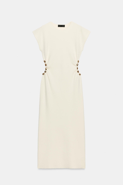 ZARA ТРИКОТАЖНОЕ ПЛАТЬЕ С ВЫРЕЗАМИ И БУСИНАМИ, ЭКРЮ