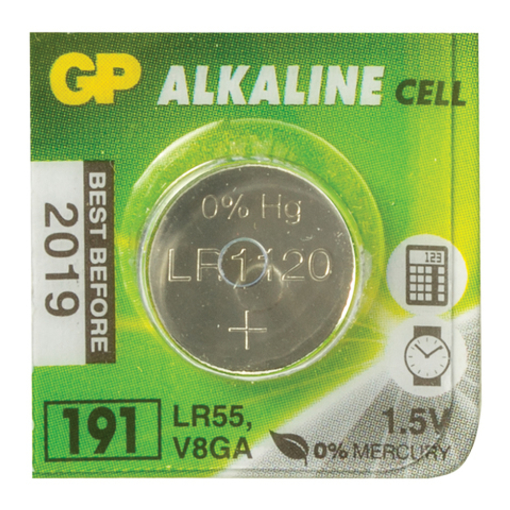 Батарейка GP Alkaline, 191 (G8, LR55), алкалиновая, 1 шт, в блистере (отрывной блок), 191-2CY