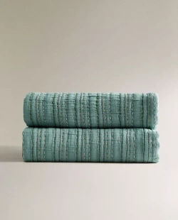 ZARA HOME ПЛЕД ИЗ ХЛОПКОВОГО МУСЛИНА, СИНИЙ