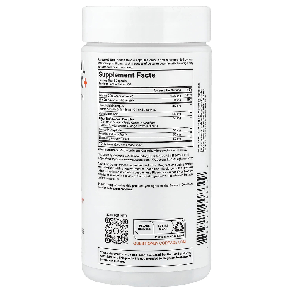 Codeage, липосомальный витамин C+, 180 растительных капсул