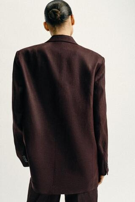 ZARA ДВУБОРТНЫЙ БЛЕЙЗЕР ИЗ 100% ЛЬНА С ПОДПЛЕЧНИКАМИ, КОРИЧНЕВЫЙ