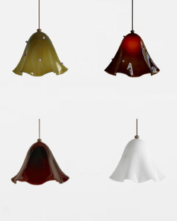 Эти подвесные светильники выполнены из гладкого, глянцевого стекла и имеют мягкую, волнообразную форму, напоминающую расплавленную ткань.