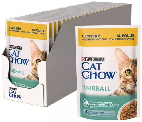 Влажный корм Cat Chow HairBall Control для вывод комков шерсти, с курицей и фасолью, 26 шт x 85 г