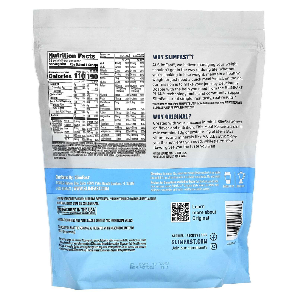 SlimFast, Original, смесь для коктейлей, заменяющая прием пищи, с насыщенным шоколадным вкусом, 1,35 кг (2,98 фунта)