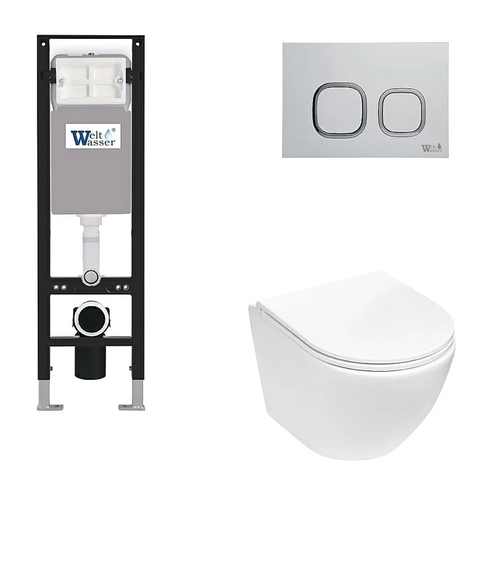 Унитаз с инсталляцией WeltWasser AMBERG 350 + MERZBACH 043 MT-WT + AMBERG RD-MT CR белый матовый/кнопка матовый хром
