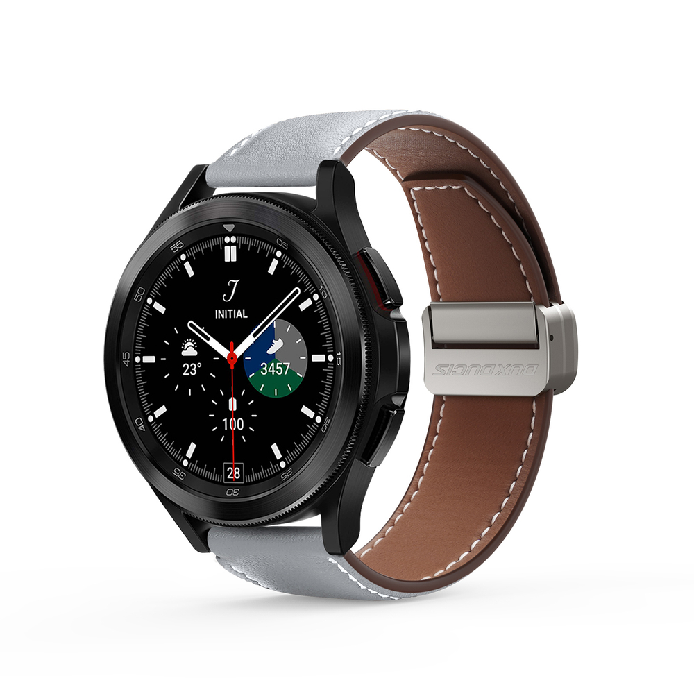 Ремешок из натуральной кожи серого цвета от Dux Ducis для смарт часов Samsung Galaxy Watch 3, 4, 5, 6 и 7 (размер крепления 20мм), серия YA Series