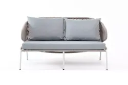 "Милан" диван 2-местный плетеный из роупа, каркас алюминий светло-серый (RAL7035) муар, роуп серый меланж круглый, ткань светло-серая