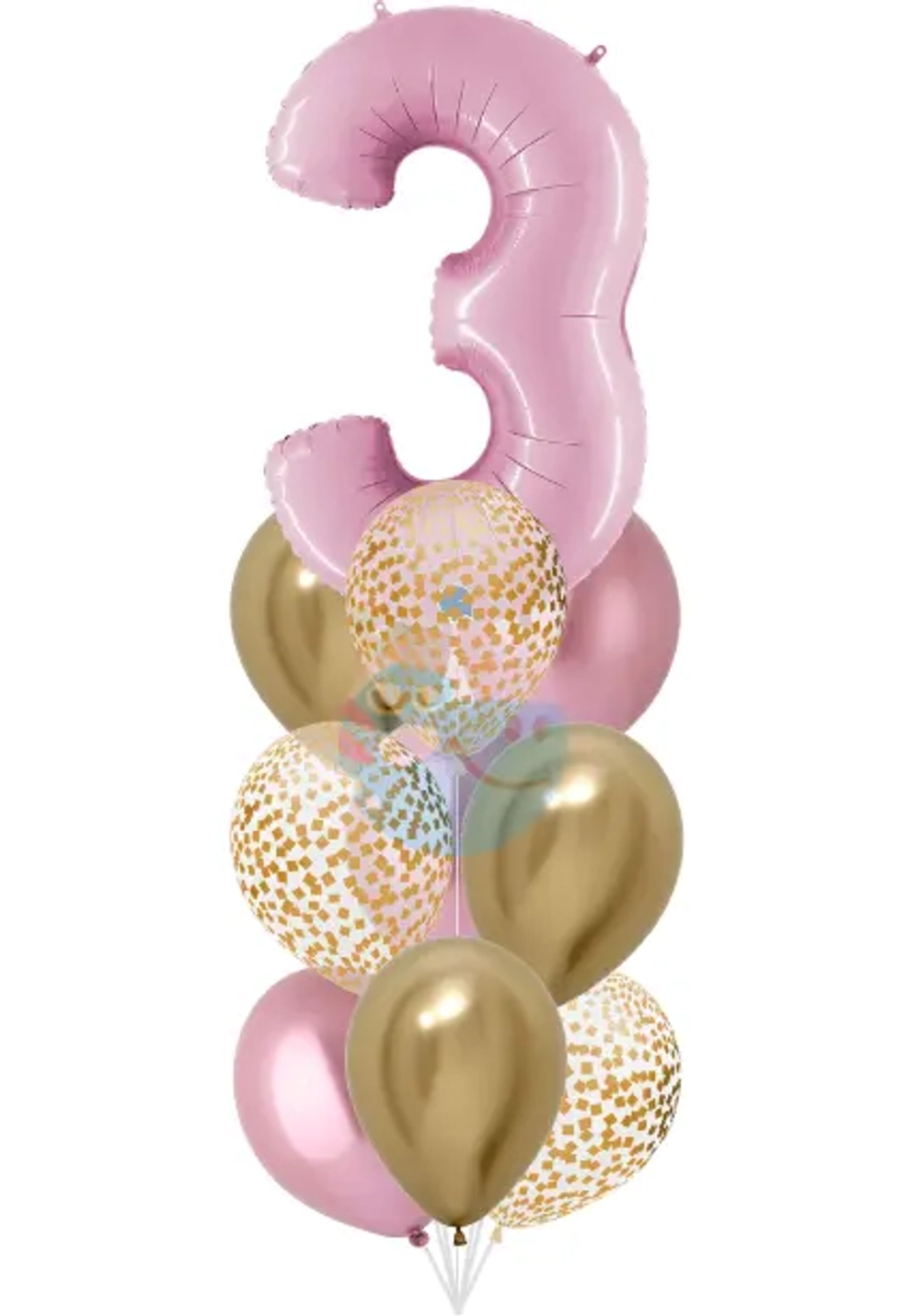 Фонтан c розовой цифрой «3» из 10 воздушных шаров с гелием