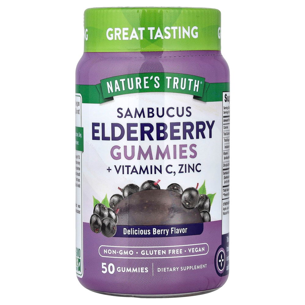 Nature's Truth, Sambucus, бузина с витамином C, жевательные таблетки с цинком, вкусные ягоды, 50 жевательных таблеток
