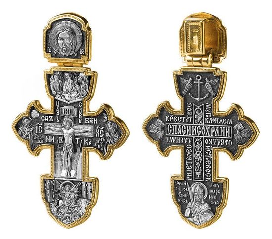 Большой мужской крест с Распятием и Архангелом Михаилом и святыми. Фотография совмещенная_3