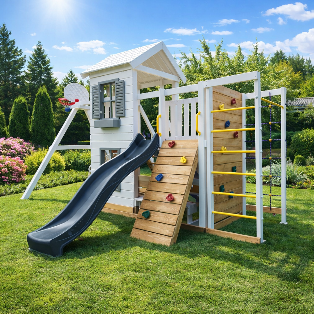 Детская площадка домик "Монако" с верандой + спортивная секция