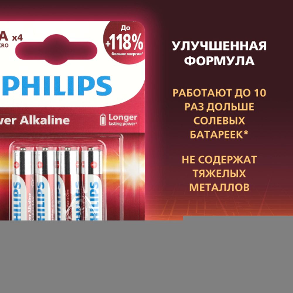 Батарейки Philips LR03P4B/51 ААА алкалиновые 1,5v 4 шт. LR03-4BL Power (4/48/144/27648)
