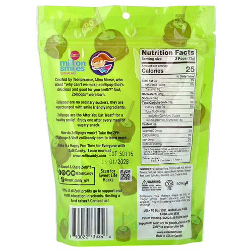 Zollipops, The Clean Teeth Pops, зеленое яблоко с карамелью, прибл. 23-25 леденцов, 5,2 унции