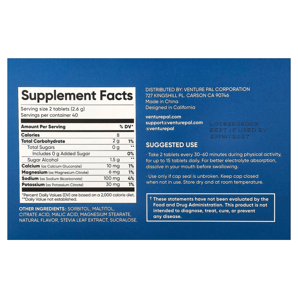 Venture Pal, солевые таблетки с жевательными электролитами, со вкусом апельсина, 80 таблеток