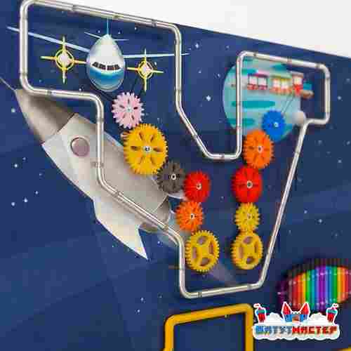 Детская интерактивная стена «Пульс галактики», с шестерёнками и световыми модулями