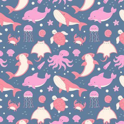 Розовые морские животные на синем фоне