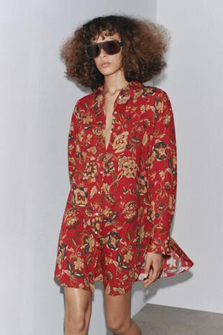 ZARA ДЛИННАЯ РУБАШКА С ПРИНТОМ ZW COLLECTION, ТЕМНО-РОЗОВЫЙ