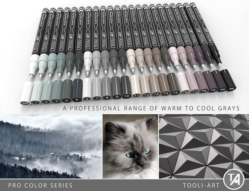 (Gray) Tooli-Art 22 Acrylic Paint Pens 0.7mm Extra Fine