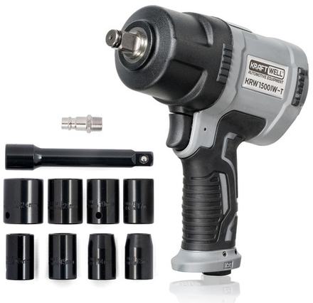 KraftWell KRW1500IW-T Гайковерт пневматический 1/2", 1500 Нм с комплектом ударных головок