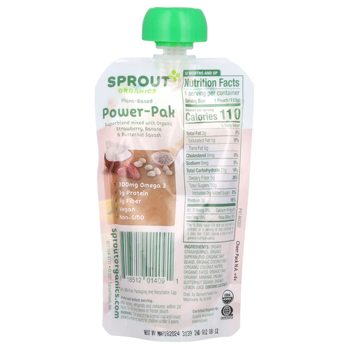Sprout Organics, Plant-Based Power Pak, комплекс для детей от 12 месяцев, органическая клубника, банан и мускатная тыква, 113 г (4 унции)