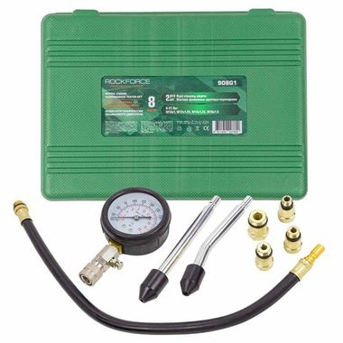 Индикатор компрессии бензинового двигателя Profi 8пр.(0-21Bar, М10, М12, М14, М18 + 2 жестких прижимных адаптера-переходника) 3пр., в кейсе RockForce##Rock FORCE RF-908G1