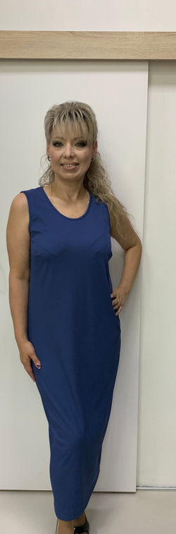 Синий трикотажный сарафан-платье в мелкий рубчик