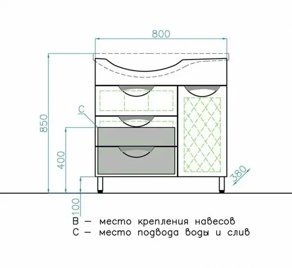 Тумба "Жасмин 82" (3 ящ.) с корзиной, Коралл 82, левая