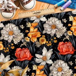 Ткань премиум мембрана яркие цветочные акценты на черном