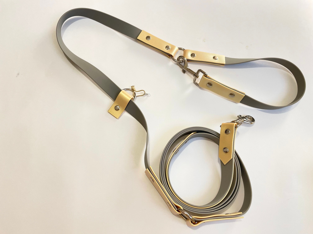 Перестёжка для собак , с ручкой перехват биотан 7 м , 25 мм. Серый и шимер блестящий золотой