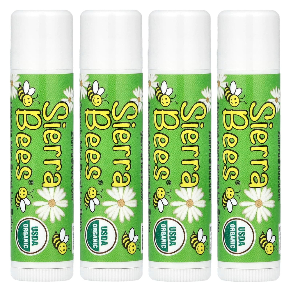 Sierra Bees, Органические бальзамы для губ, мятный взрыв, 4 штуки в упаковке весом 0,15 унции (4,25 г) каждая