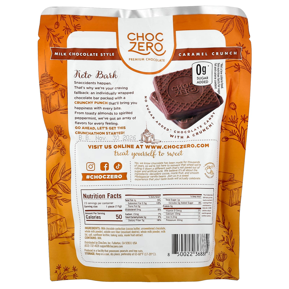 ChocZero, Keto Bark, молочный шоколад, хрустящая карамель, 15 мини-батончиков, 170 г (6 унций)