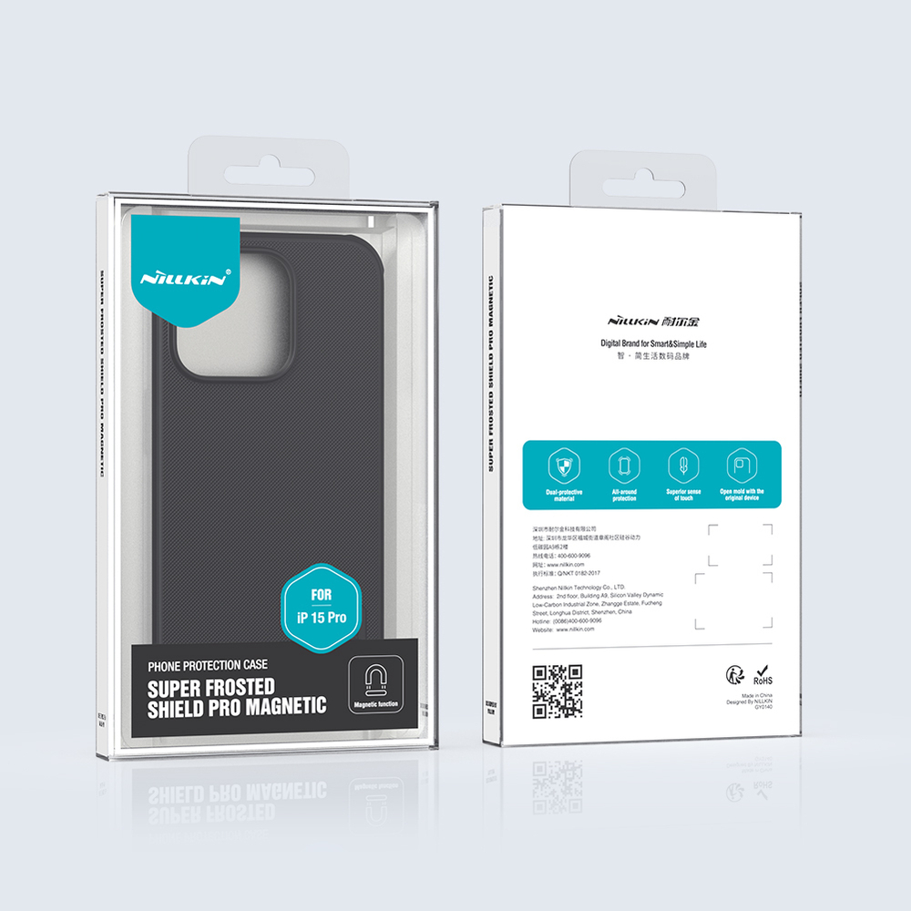 Усиленный чехол от Nillkin c поддержкой зарядки MagSafe для iPhone 15 Pro, серия Super Frosted Shield Pro Magnetic Case