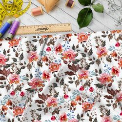 Ткань саржа акварельные розы и коричневые листья