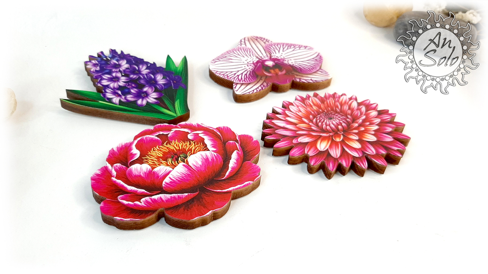 Магниты серия "Цветочная симфония" из кедра в ассортименте 3 часть