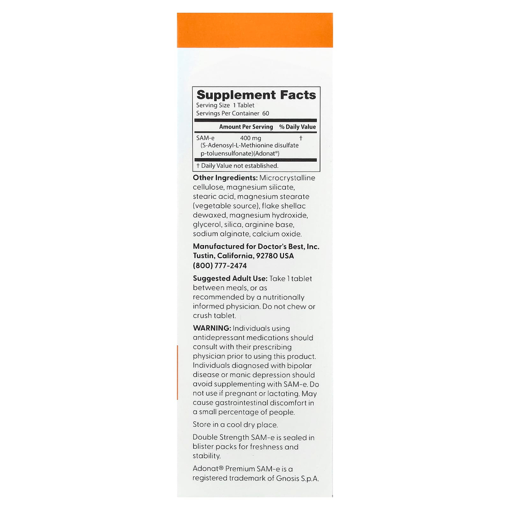 Doctor's Best, SAM-e, 400 мг, 60 таблеток, покрытых кишечнорастворимой оболочкой