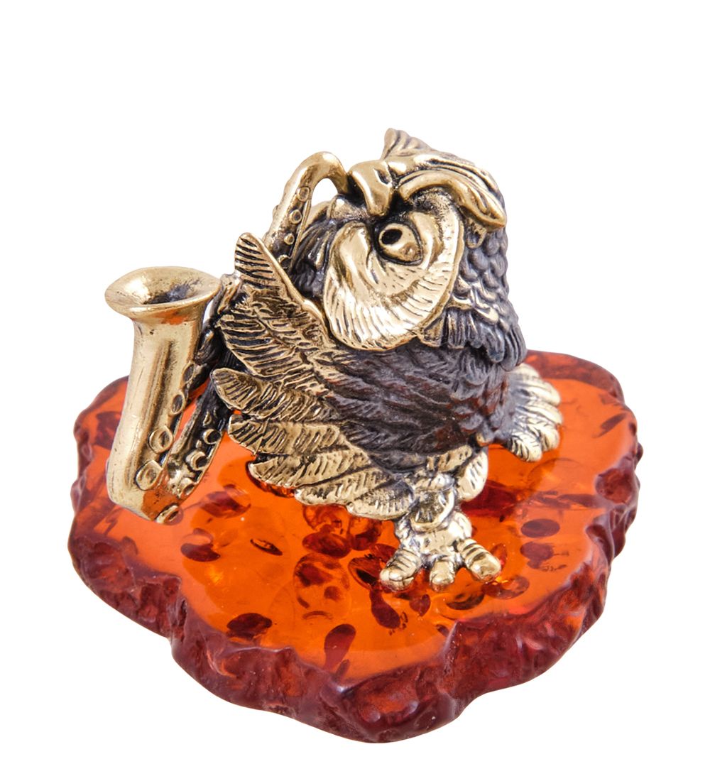 Народные промыслы AM- 651 Фигурка «Сова с саксофоном» (латунь, янтарь)