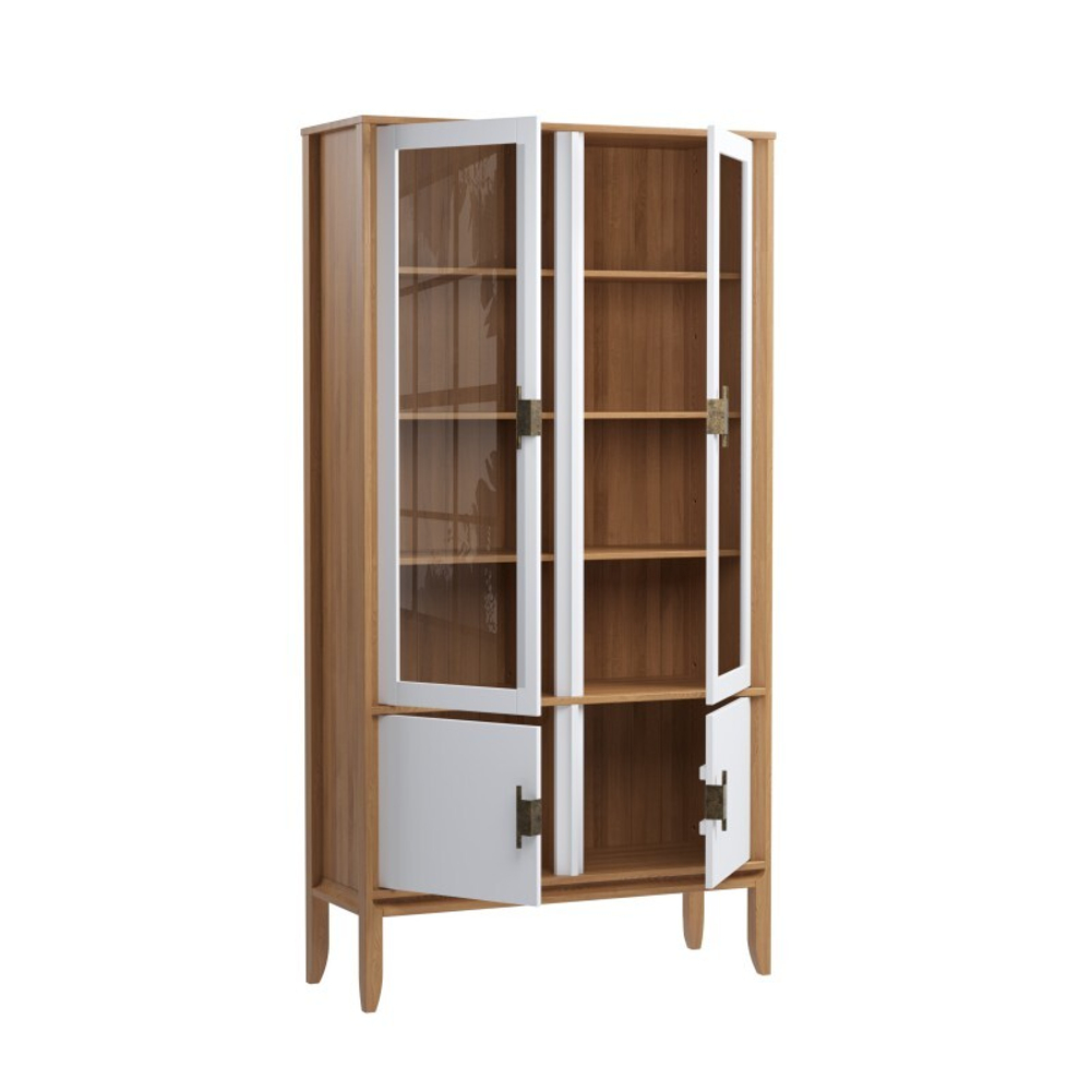 Шкаф для посуды «Бридж» широкий с 2-мя стеклянными дверями и 2-мя глухими дверями браун/белый лак